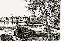 Woonsocket at the falls in the late 19th century from a Providence & Worcester Railroad brochure, Summer Excursions, 1882