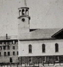 First Baptist Church (c. 1858) on Main Street from an 1860 photo (Woonsocket Library Historical Collection)